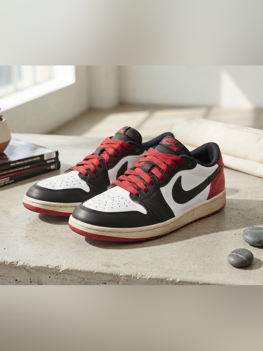 Nike Low-Top Sneakers in Black, White & Red with Red Laces